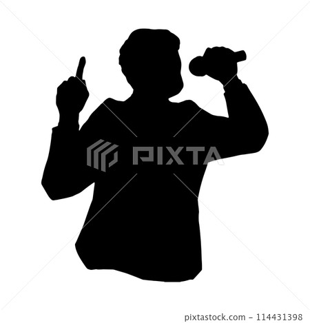 Black silhouette illustration of a man giving a speech or singing with a microphone 114431398