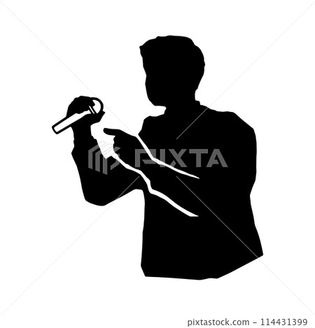 Black silhouette illustration of a man giving a speech or singing with a microphone 114431399