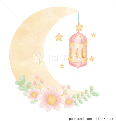 watercolor castle with a pink roof and a crescent moon 114432043