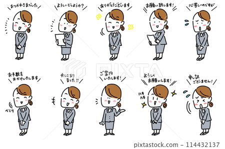 Set of female office workers giving polite greetings and serving customers, cartoon style Set of female office workers giving polite greetings and serving customers, cartoon style 114432137