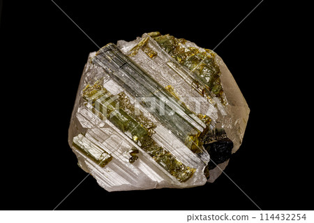 Macro stone tourmaline mineral on a black background  114432254