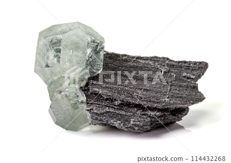 Macro stone Fluorite mineral on white background Macro stone Fluorite mineral on white background 114432268