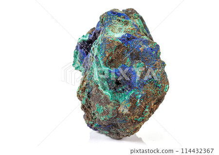Macro stone mineral Azurite Malachite on a white background Macro stone mineral Azurite Malachite on a white background 114432367