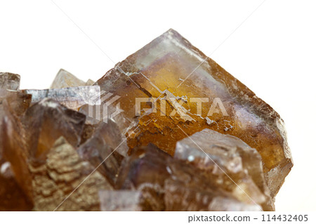 Macro stone mineral Fluorite on a white background 114432405
