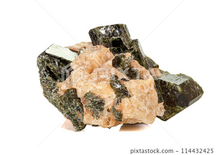 Macro of a mineral stone Vesuvianite on a white background 114432425