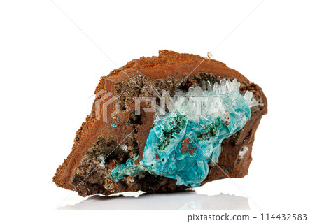 Macro stone Hemimorphite mineral on white background Macro stone Hemimorphite mineral on white background 114432583