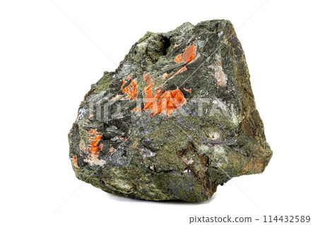 Macro stone mineral Diopside Calcite Magnetite on a white background 114432589