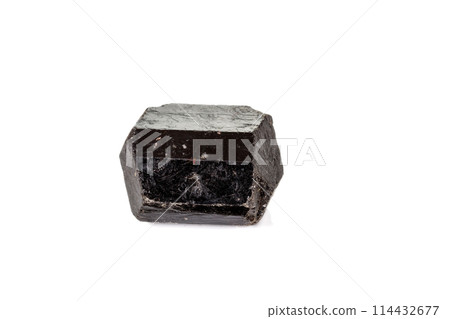 macro mineral stone schorl, black tourmaline on white background macro mineral stone schorl, black tourmaline on white background 114432677