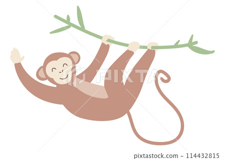 Cute monkey hanging on branch in flat design. Happy wildlife chimpanzee. Vector illustration isolated. Cute monkey hanging on branch in flat design. Happy wildlife chimpanzee. Vector illustration isolated. 114432815