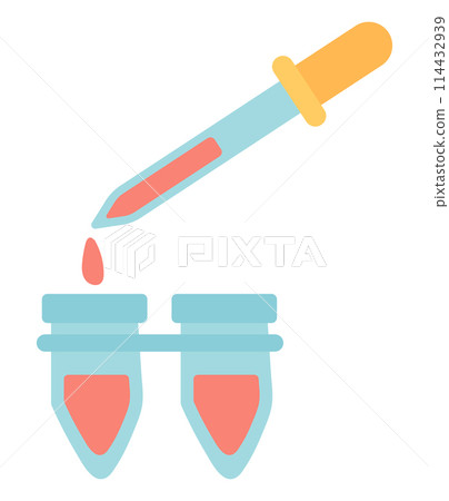 Pipette dropping in test tubes in flat design. Laboratory research flask. Vector illustration isolated. Pipette dropping in test tubes in flat design. Laboratory research flask. Vector illustration isolated. 114432939