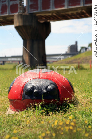 Iron bridge and playground equipment on the riverbed 114433268