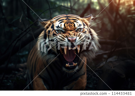 A fierce and terrifying tiger in the forest. Wildlife Animals. Illustration, Generative AI. A fierce and terrifying tiger in the forest. Wildlife Animals. Illustration, Generative AI. 114433481