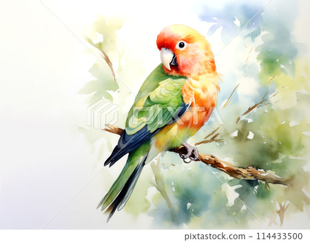 Watercolor painting of peach faced lovebird on a clean background. Bird. Animals. Illustration, Generative AI. 114433500