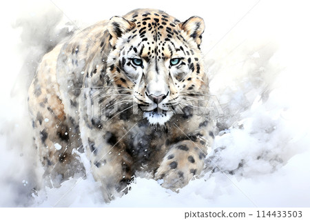 Watercolor painting of snow leopard in the snowy silderness. Wild Animals. Generative AI. 114433503
