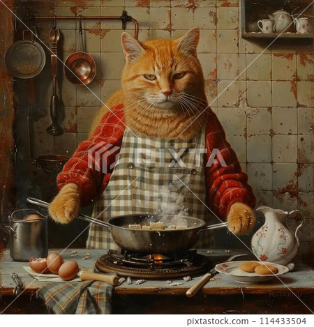 An orange Felidae with whiskers, a small to mediumsized cat, is in an apron preparing food on a table. The serveware and tableware are beautifully depicted in the art 114433504