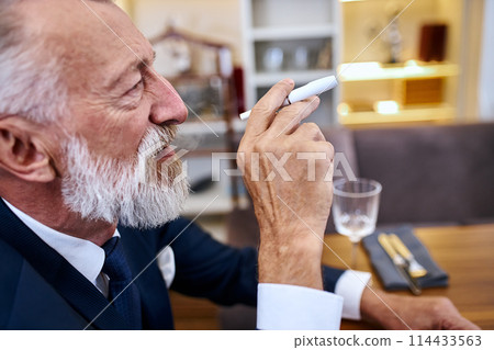 Elegant senior man smoking heat-not-burn tobacco product technology Elegant senior man smoking heat-not-burn tobacco product technology 114433563