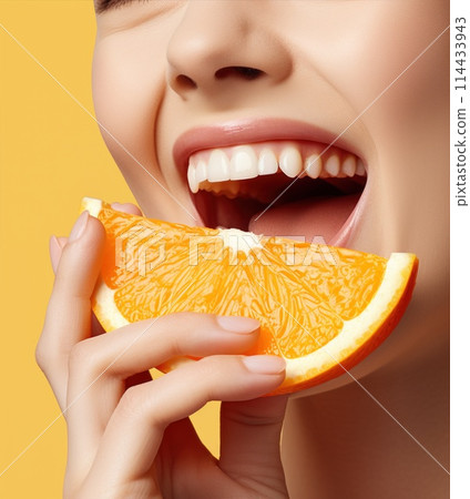 Beauty Model Girl with Juicy Orange close-up. Beautiful Joyful woman smile. Happy and optimistic emotion, natural make up. Orange Slice 114433943