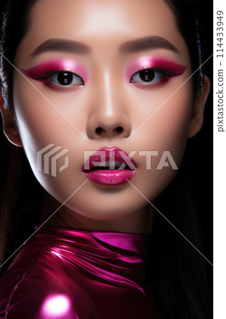 Portrait of beautiful Asian woman. Young model with pink lips and perfect skin makeup Portrait of beautiful Asian woman. Young model with pink lips and perfect skin makeup 114433949