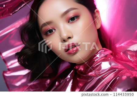 Portrait of beautiful Asian woman. Young model with pink lips and perfect skin makeup 114433950