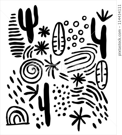 set of patterns in doodle style. vector black and white print with abstract lines and spots 114434111