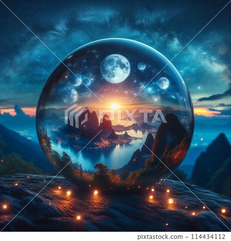 A fantastical landscape reflected in a sphere 114434112