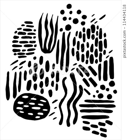 set of patterns in doodle style. vector black and white print with abstract lines and spots 114434118