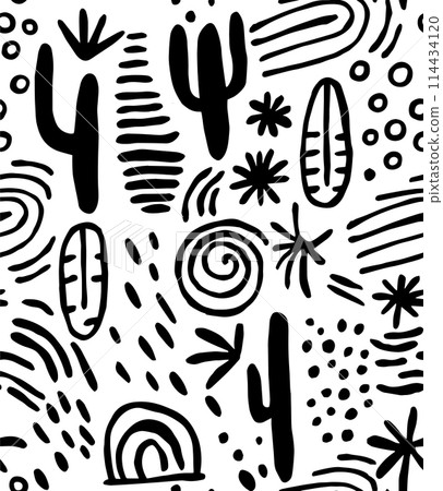 abstract seamless pattern in doodle style. vector black and white print with abstract lines and spots 114434120