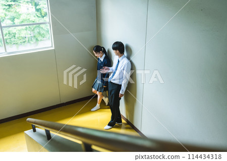 High school students talking on the landing of the stairs 114434318