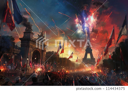 Bastille Day celebrations in Paris with a military parade and fireworks at the Eiffel Tower 114434375