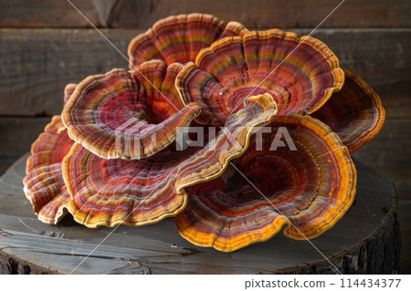 Mystical Reishi mushrooms on a rustic wooden surface, showcasing variegated caps in a forest-inspired display 114434377