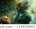 Artistic visualization of a person in despair amidst an onslaught of vividly rendered virus particles, pandemic theme 114434403