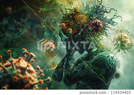 Artistic visualization of a person in despair amidst an onslaught of vividly rendered virus particles, pandemic theme 114434403