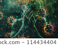 Digital artwork of a human figure overwhelmed by vividly depicted viruses, a representation of pandemic anxiety 114434404