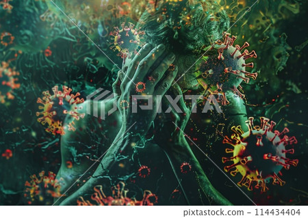 Digital artwork of a human figure overwhelmed by vividly depicted viruses, a representation of pandemic anxiety 114434404
