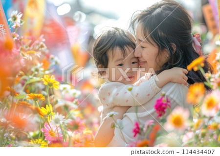 Joyful mother hugging her delighted little girl surrounded by lush garden flowers, celebrating togetherness Joyful mother hugging her delighted little girl surrounded by lush garden flowers, celebrating togetherness 114434407