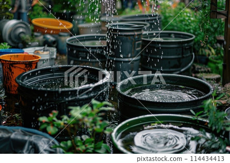 Rainwater collecting in barrels during a heavy downpour in a tropical backyard setting Rainwater collecting in barrels during a heavy downpour in a tropical backyard setting 114434413