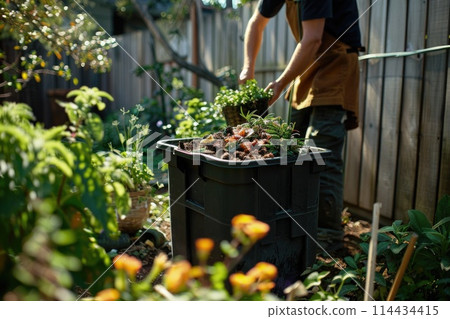 Man nurturing plants in a compost bin within a vibrant home garden at daytime 114434415