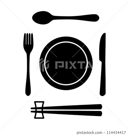 湯匙、叉子和刀、西餐盤和筷子的膳食圖標插圖 湯匙、叉子和刀、西餐盤和筷子的膳食圖標插圖 114434417