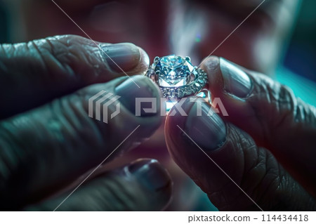 Craftsman holding a brilliantly lit diamond ring, demonstrating the final product of skilled jewelry work Craftsman holding a brilliantly lit diamond ring, demonstrating the final product of skilled jewelry work 114434418