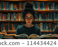 Diligent Student Immersed in Study at the Library 114434424