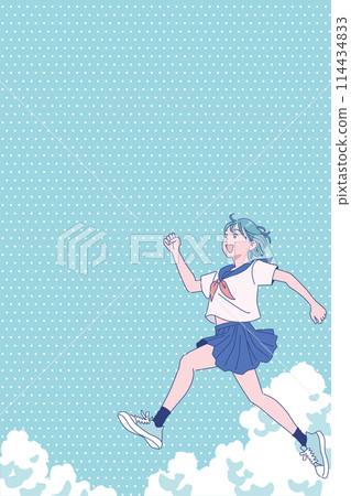 女高中生歡快地跳入夏日的天空 114434833