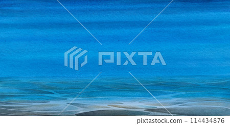 Seascape with sand and stones on the seabed under blue water, bright sky for realistic and abstract design template. Watercolor illustration for background, clipart, invitation, wallpaper, banner, 114434876