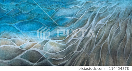 Seascape with sand and stones on the seabed under blue water, bright sky for realistic and abstract design template. Watercolor illustration for background, clipart, invitation, wallpaper, banner, Seascape with sand and stones on the seabed under blue water, bright sky for realistic and abstract design template. Watercolor illustration for background, clipart, invitation, wallpaper, banner, 114434878