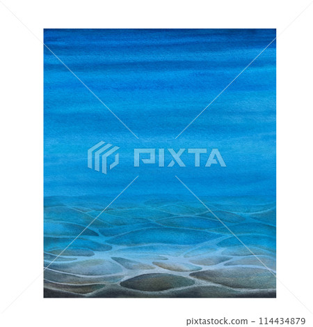 Seascape with sand and stones on the seabed under blue water, bright sky for realistic and abstract design template. Watercolor illustration for background, clipart, invitation, wallpaper, banner, Seascape with sand and stones on the seabed under blue water, bright sky for realistic and abstract design template. Watercolor illustration for background, clipart, invitation, wallpaper, banner, 114434879