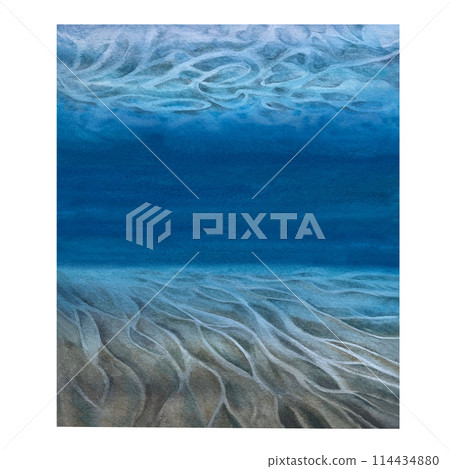 Seascape with sand and stones on the seabed under blue water, bright sky for realistic and abstract design template. Watercolor illustration for background, clipart, invitation, wallpaper, banner, Seascape with sand and stones on the seabed under blue water, bright sky for realistic and abstract design template. Watercolor illustration for background, clipart, invitation, wallpaper, banner, 114434880