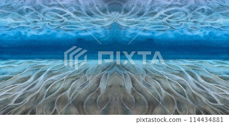 Seascape with sand and stones on the seabed under blue water, bright sky for realistic and abstract design template. Watercolor illustration for background, clipart, invitation, wallpaper, banner, 114434881