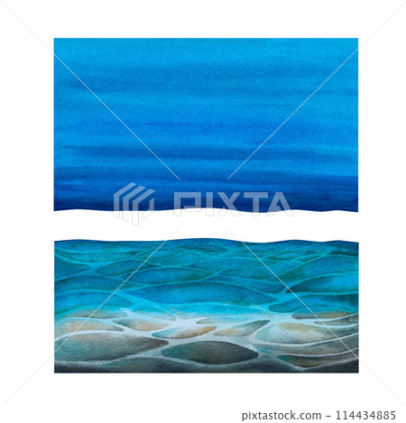 Seascape with sand and stones on the seabed under blue water, bright sky for realistic and abstract design template. Watercolor illustration for background, clipart, invitation, wallpaper, banner, Seascape with sand and stones on the seabed under blue water, bright sky for realistic and abstract design template. Watercolor illustration for background, clipart, invitation, wallpaper, banner, 114434885