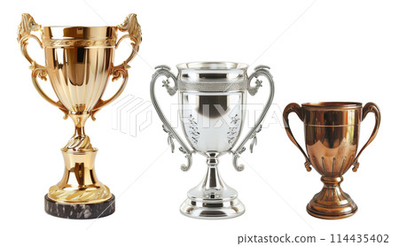 三種類型的金、銀、銅獎杯,透明背景 三種類型的金、銀、銅獎杯,透明背景 114435402