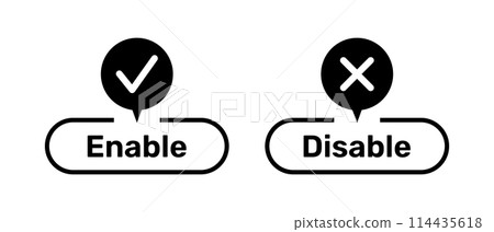 Right and Wrong symbols with Enable and Disable buttons black color. Enable and Disable buttons with right and wrong symbols. Tick and cross symbols with enable and disable buttons. 114435618