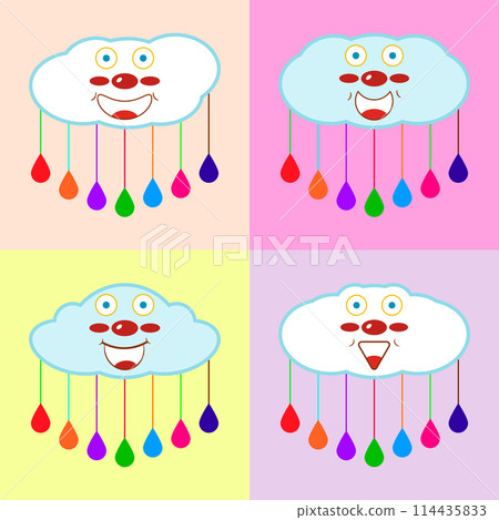 Set of cute cartoon clouds with colorful raindrops and funny faces for kids room decor, card, interior, scrapbooking and other design ideas. Vector drawing. 114435833